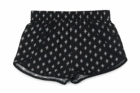 Front view of 915 Generation girls’ black paisley cotton mom shorts, size 9, years regular