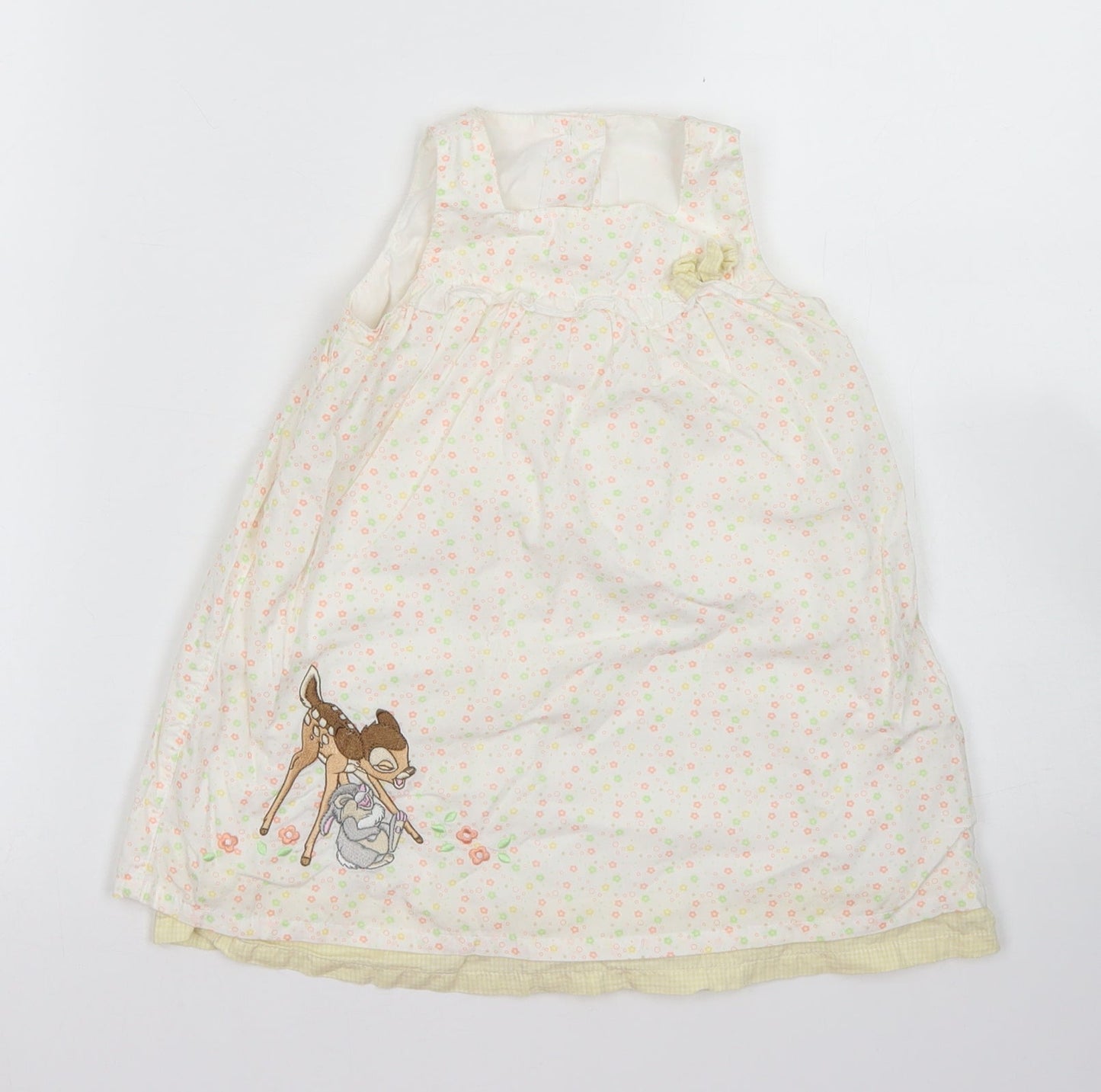 George Girls Pink Floral Cotton A-Line  Size 12-18 Months  Crew Neck Button - Disney Bambi