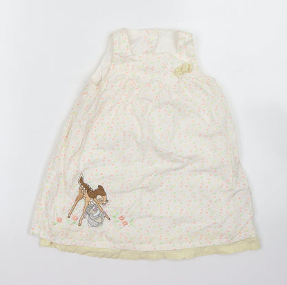 George Girls Pink Floral Cotton A-Line  Size 12-18 Months  Crew Neck Button - Disney Bambi
