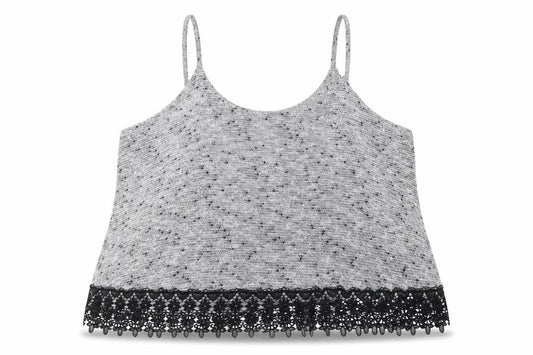 Front view of Atmosphere women’s grey acrylic cropped tank, size UK 18, round neck - lace edging
