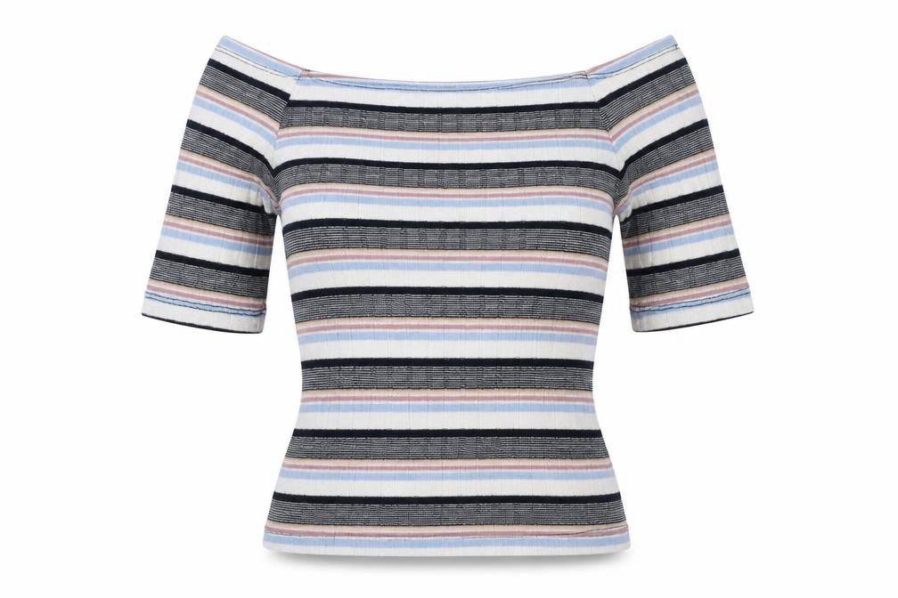 Front view of New Look women’s multicoloured striped polyester tunic t-shirt, size UK 8, off the shoulder