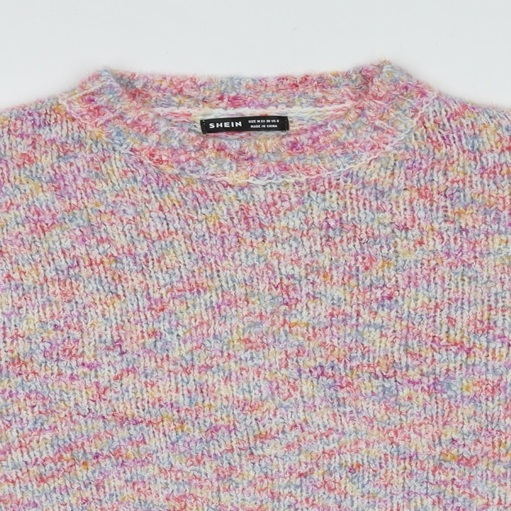 Close-up detail of SHEIN women’s multicoloured geometric acrylic pullover sweatshirt, size M, pullover