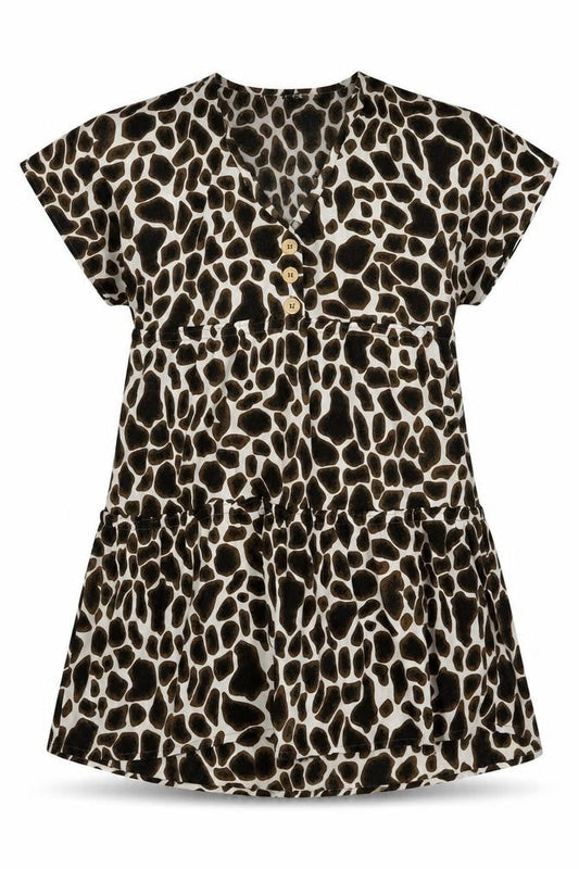 Front view of influence women’s brown animal print polyester a-line, size UK 12, v-neck pullover