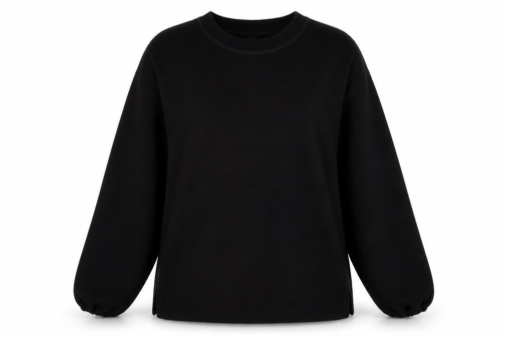 Front view of Paramour women’s black polyester pullover sweatshirt, size M, pullover