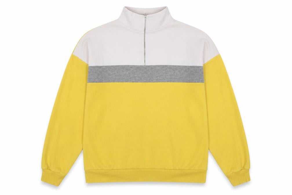 Front view of New Look women’s yellow striped cotton pullover sweatshirt, size UK 12, zip