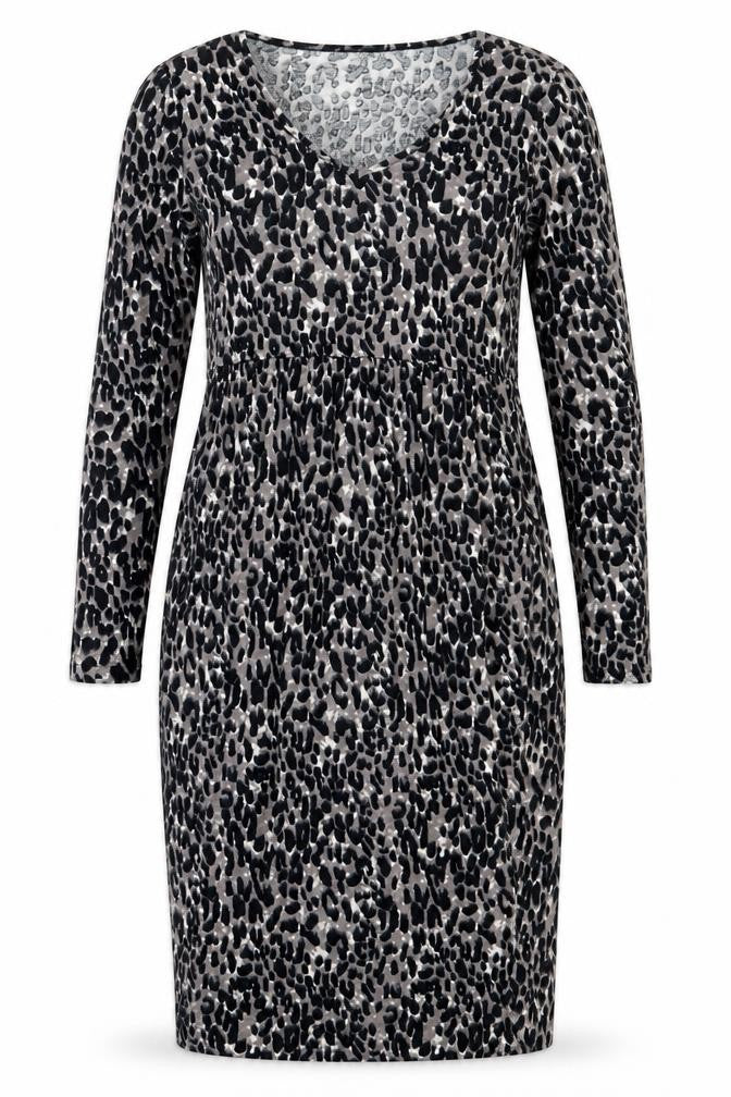 Front view of Studio women’s black animal print viscose fit & flare, size UK 8, v-neck