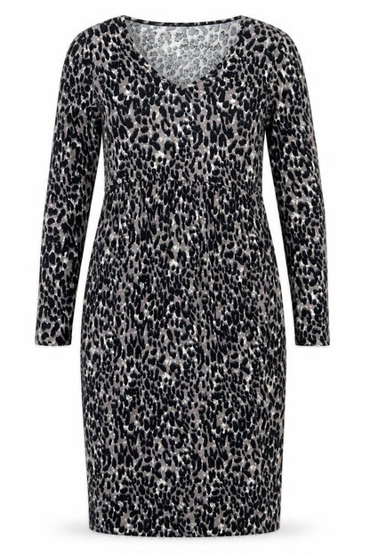 Front view of Studio women’s black animal print viscose fit & flare, size UK 8, v-neck