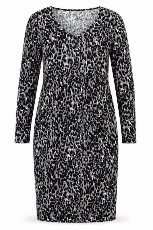 Front view of Studio women’s black animal print viscose fit & flare, size UK 8, v-neck
