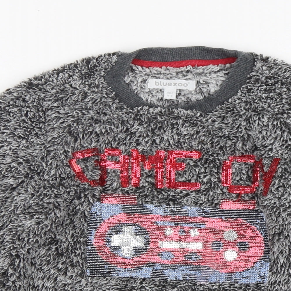 Close-up detail of Bluezoo boys’ grey polyester pyjama top, size 4-5, years