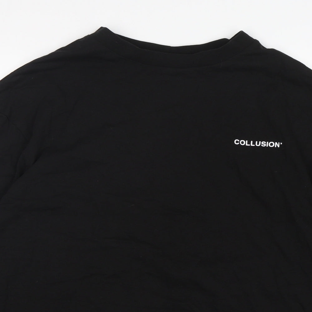 Close-up detail of Collusion boys’ black cotton basic t-shirt, size S, round neck