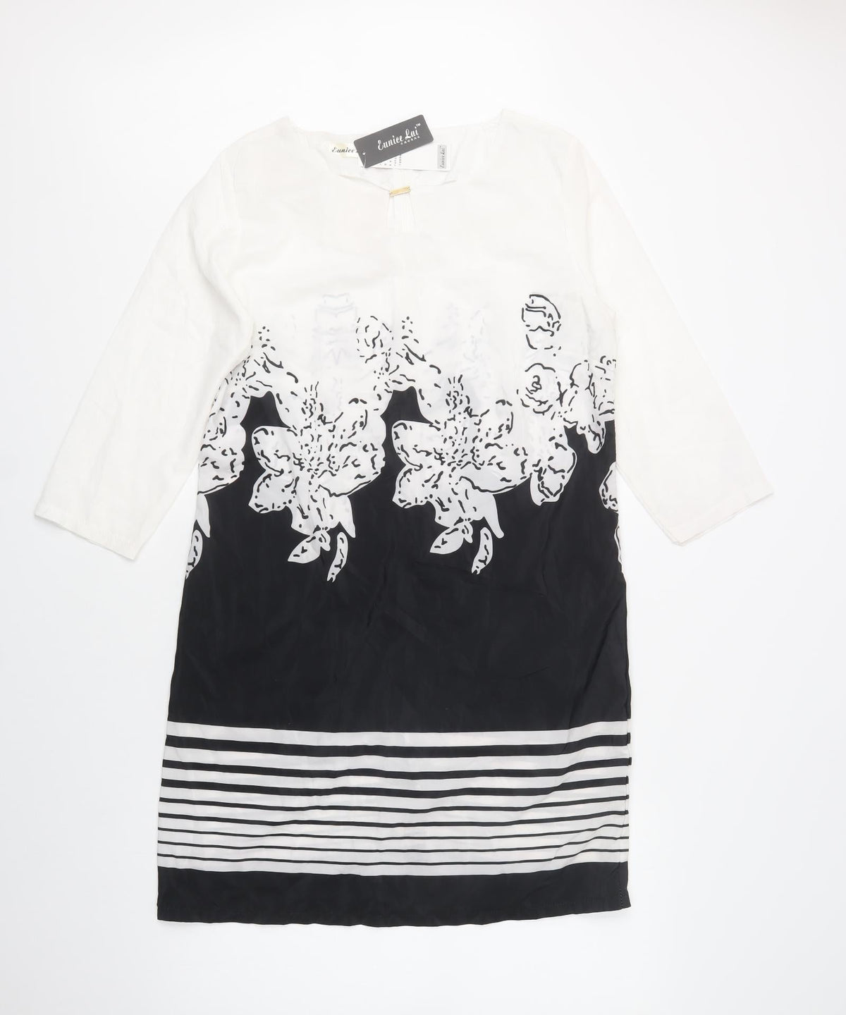 Front view of Eunice Lai women’s white floral polyester shift, size L, round neck zip