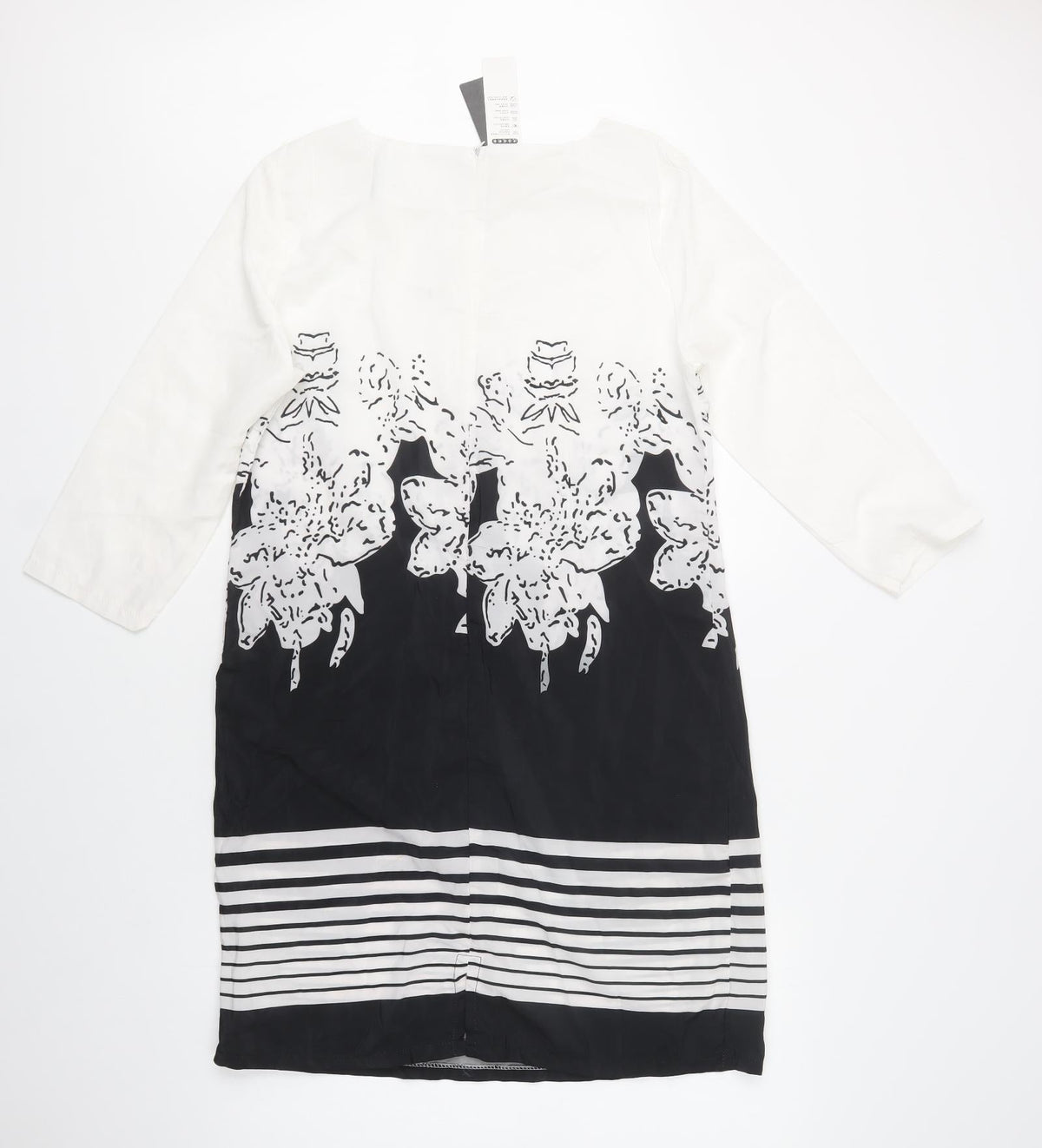 Back view of Eunice Lai women’s white floral polyester shift, size L, round neck zip