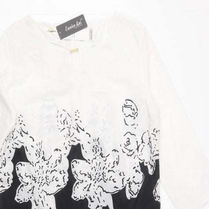 Close-up detail of Eunice Lai women’s white floral polyester shift, size L, round neck zip