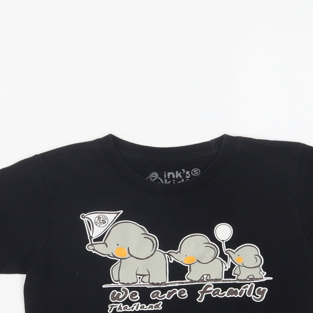 Ink's Kids Girls Black  Cotton Basic T-Shirt Size 3 Years Crew Neck  - Elephant