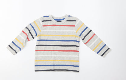 Additional front view of Nutmeg girls’ grey striped cotton basic blouse, size 4-5, years crew neck
