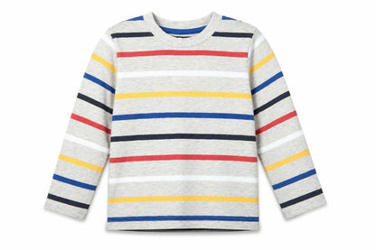 Front view of Nutmeg girls’ grey striped cotton basic blouse, size 4-5, years crew neck