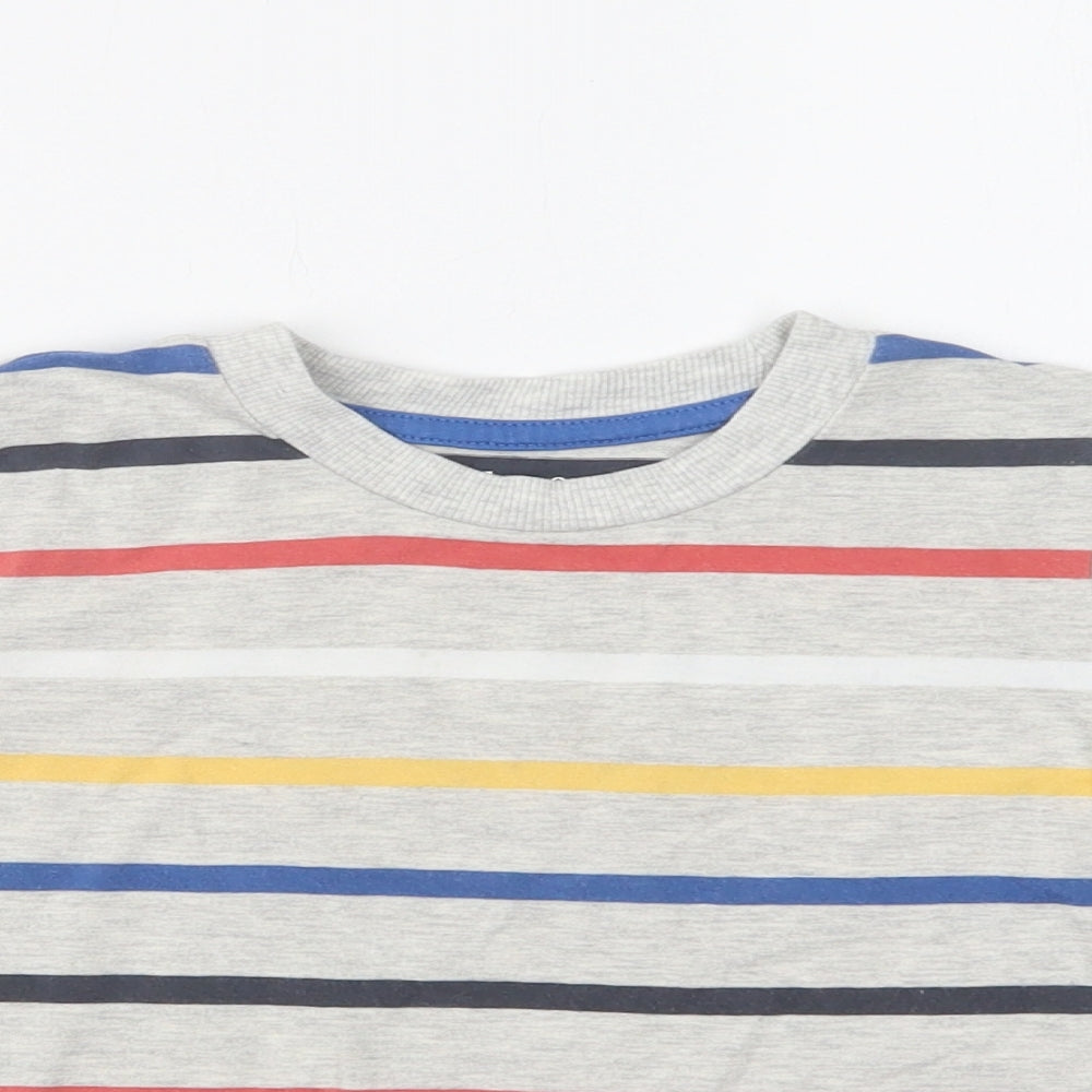 Close-up detail of Nutmeg girls’ grey striped cotton basic blouse, size 4-5, years crew neck