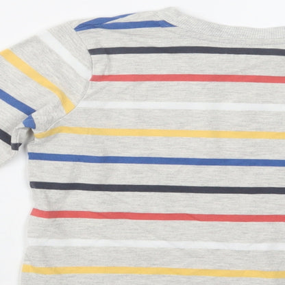 Brand and care label for Nutmeg girls’ grey striped cotton basic blouse, size 4-5, years crew neck