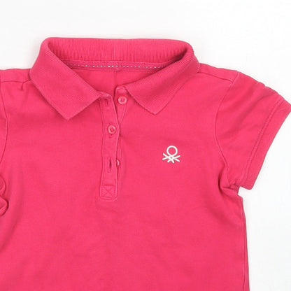 United Colors of Benetton Girls Pink  Cotton Basic Polo Size 4-5 Years Collared Button