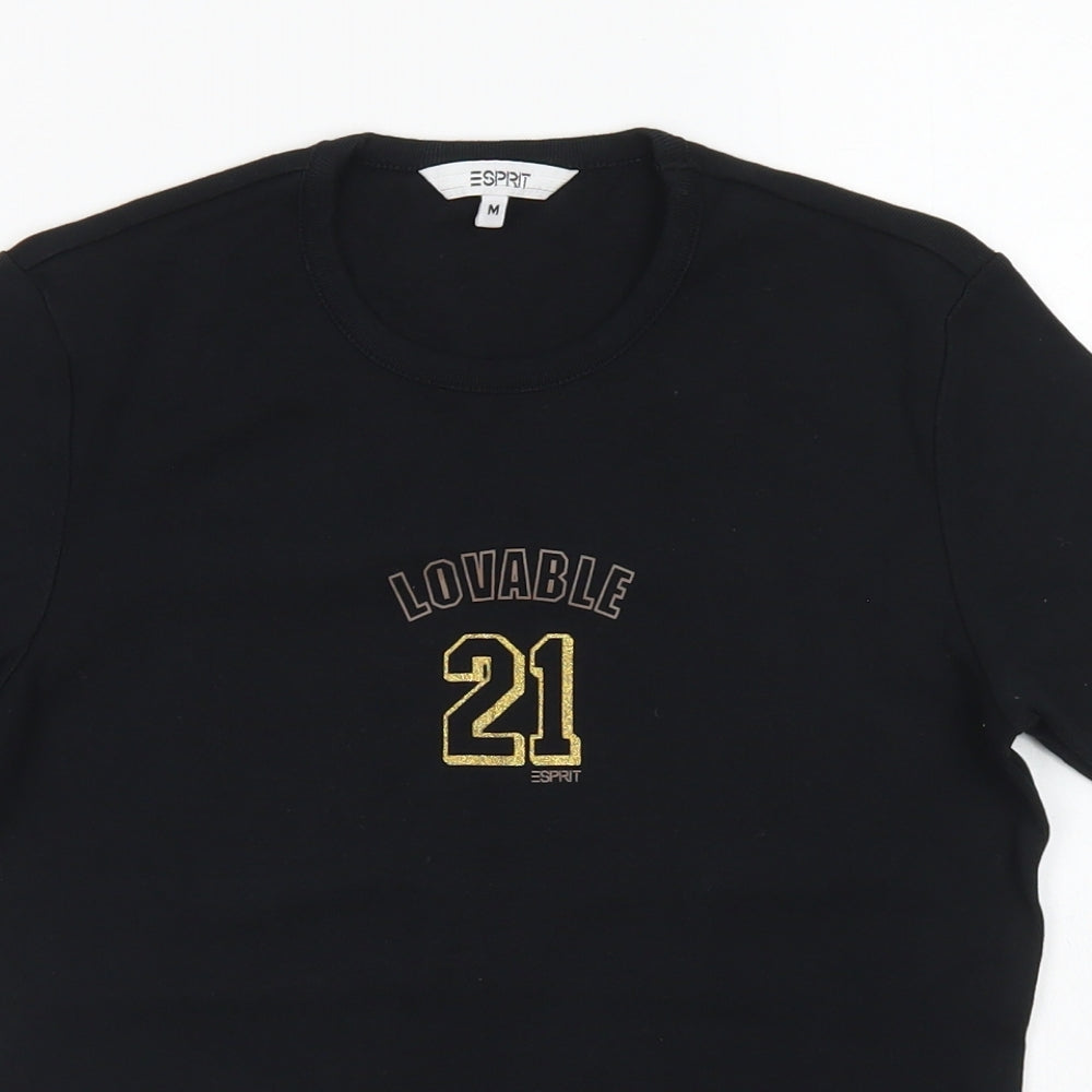 Esprit Womens Black  Cotton Basic T-Shirt Size M Crew Neck