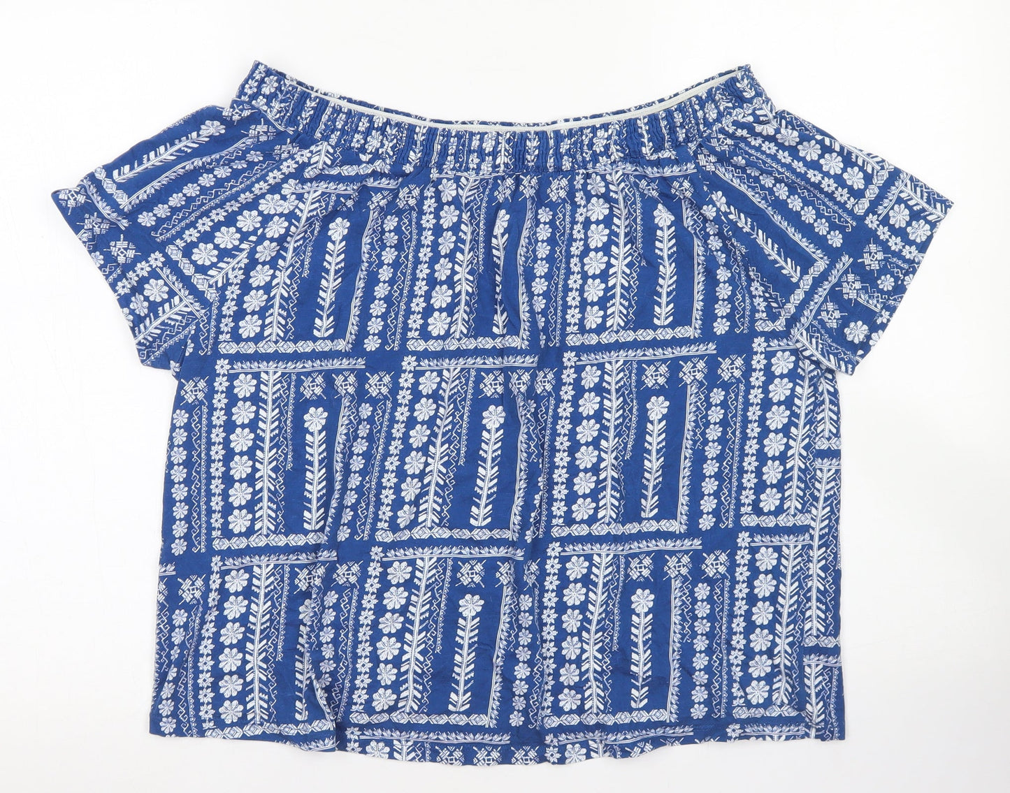 TU Womens Blue Floral Cotton Cropped T-Shirt Size 16 Off the Shoulder