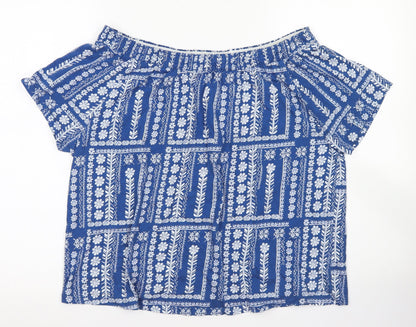 TU Womens Blue Floral Cotton Cropped T-Shirt Size 16 Off the Shoulder