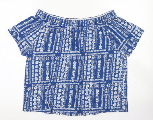 TU Womens Blue Floral Cotton Cropped T-Shirt Size 16 Off the Shoulder