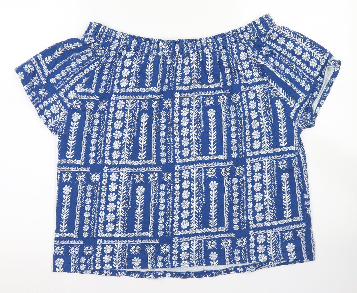 TU Womens Blue Floral Cotton Cropped T-Shirt Size 16 Off the Shoulder