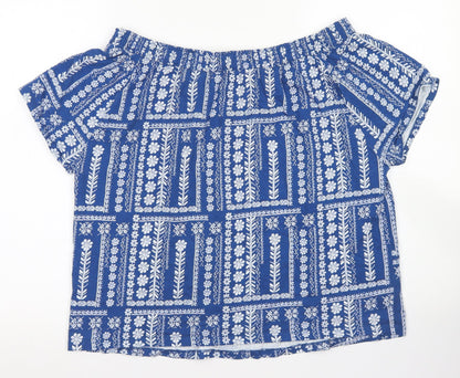 TU Womens Blue Floral Cotton Cropped T-Shirt Size 16 Off the Shoulder