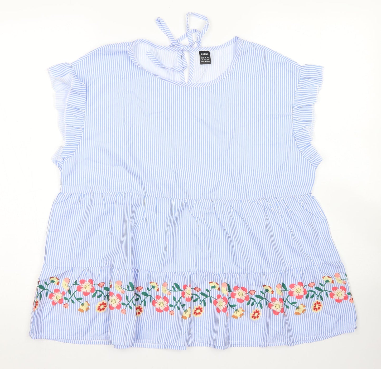 SheIn Womens Blue Striped Polyester Basic Blouse Size L Crew Neck