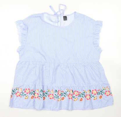 SheIn Womens Blue Striped Polyester Basic Blouse Size L Crew Neck