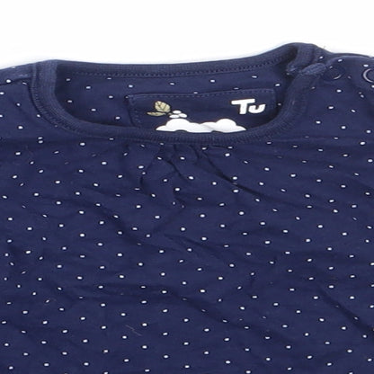 TU Girls Blue Spotted Cotton Basic T-Shirt Size 3-6 Months Round Neck