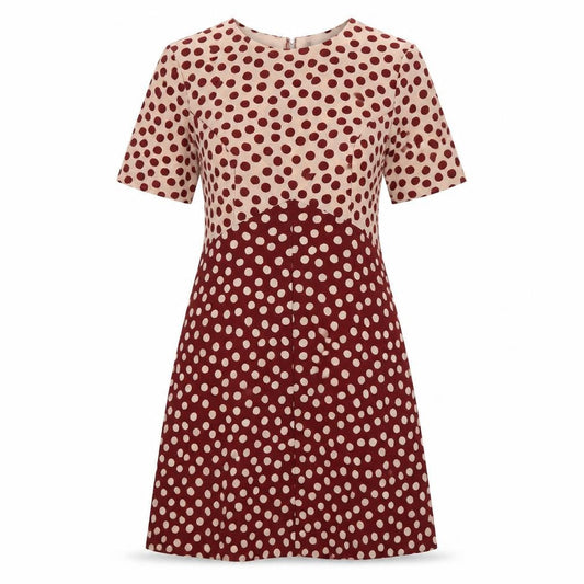 Front view of ASOS women’s multicoloured polka dot polyester a-line, size UK 10, round neck