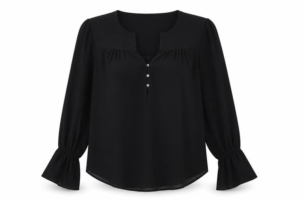 Front view of Love 21 women’s black polyester basic blouse, size XS, v-neck