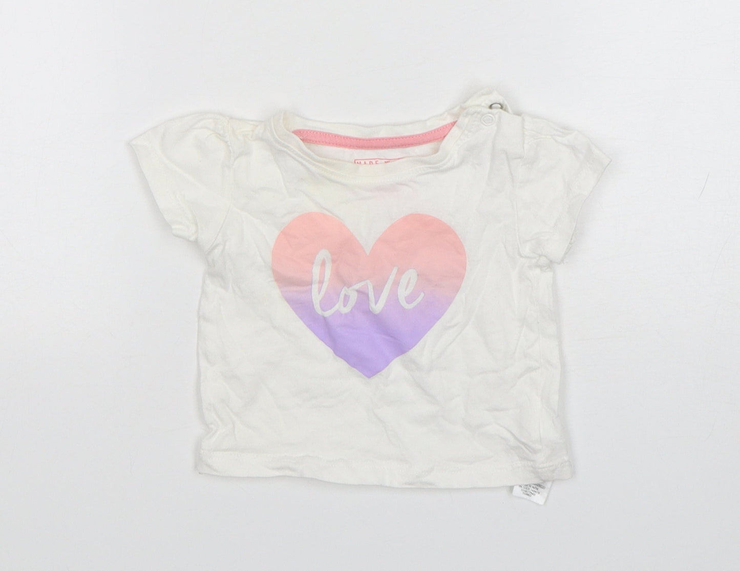 Primark Girls White  Cotton Basic T-Shirt Size 3-6 Months Round Neck