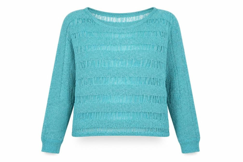 Front view of Laura Scott women’s blue crew neck striped acrylic jumper, size UK 14