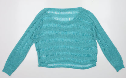 Laura Scott Womens Blue Crew Neck Striped Acrylic Pullover Jumper Size 14