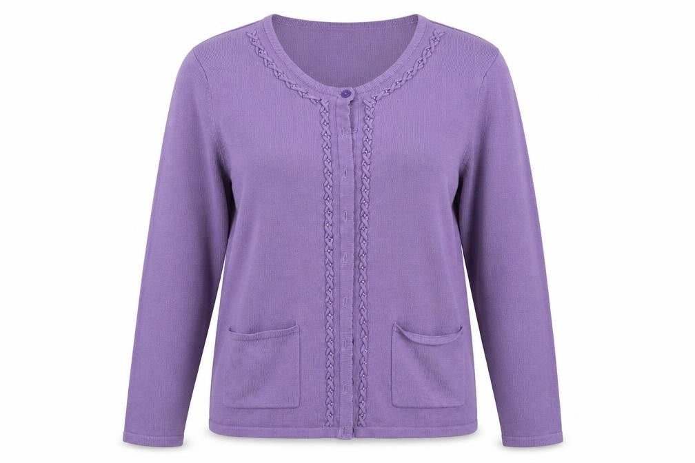 Front view of Bonmarché women’s purple crew neck fair isle acrylic cardigan jumper, size M