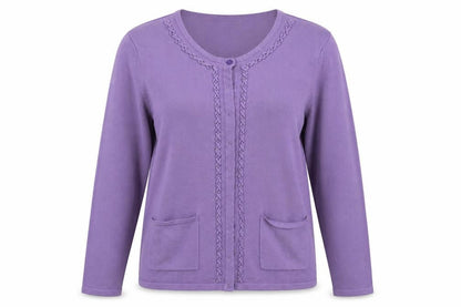 Front view of Bonmarché women’s purple crew neck fair isle acrylic cardigan jumper, size M