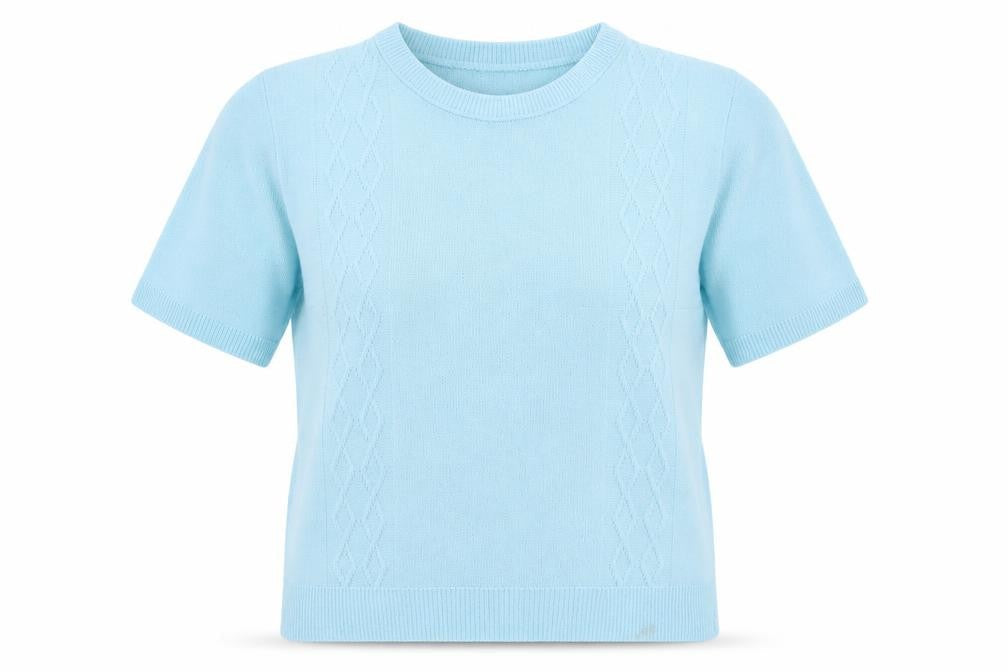 Front view of Pyari women’s blue argyle/diamond acrylic pullover sweatshirt, size M, pullover