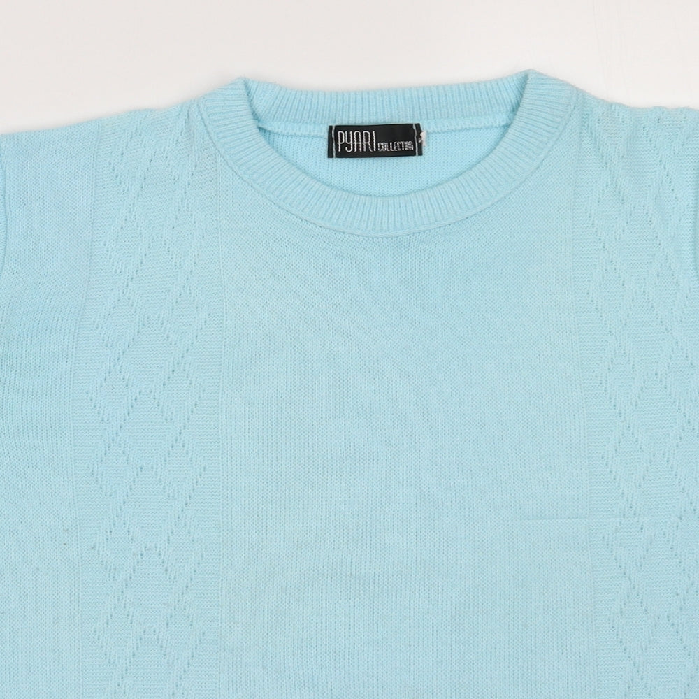 Close-up detail of Pyari women’s blue argyle/diamond acrylic pullover sweatshirt, size M, pullover