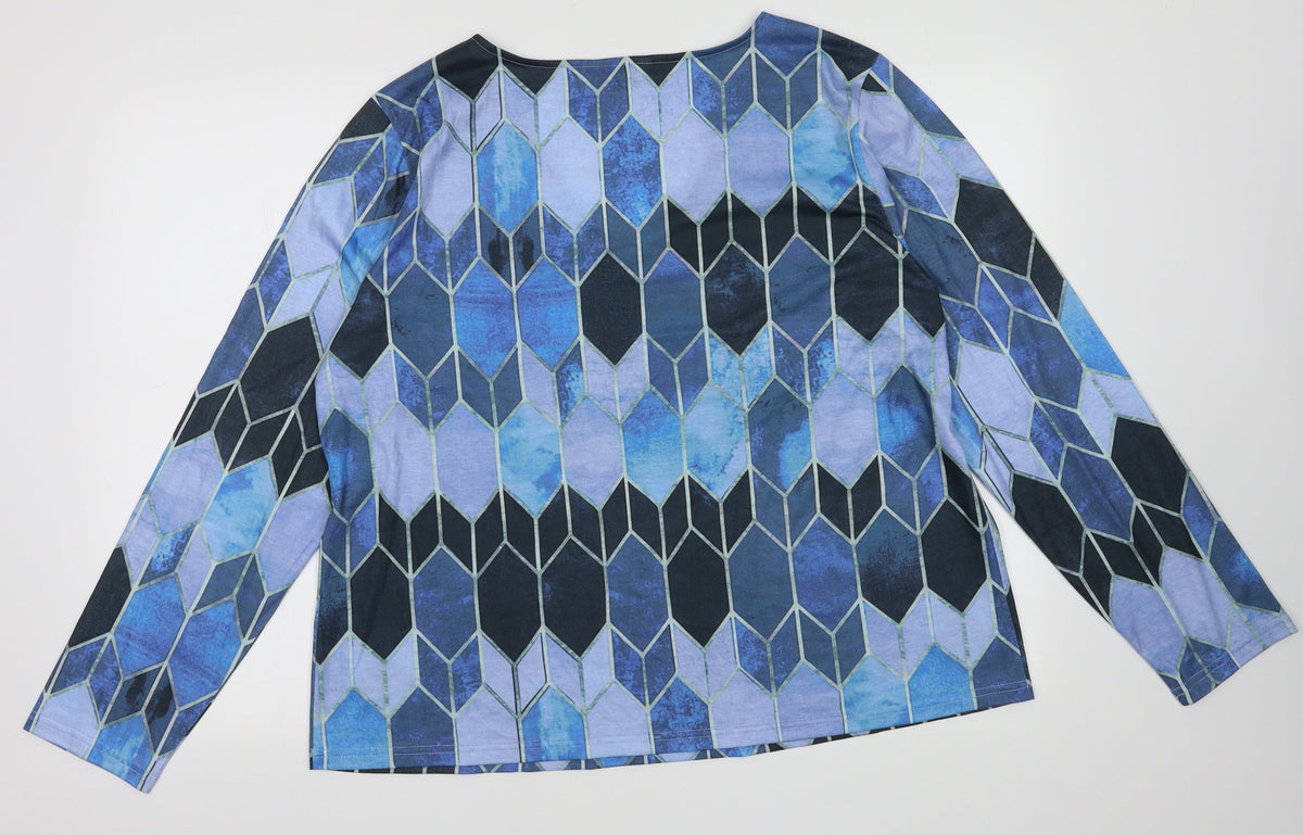 Back view of women’s blue argyle/diamond polyester pullover sweatshirt, size XL, pullover