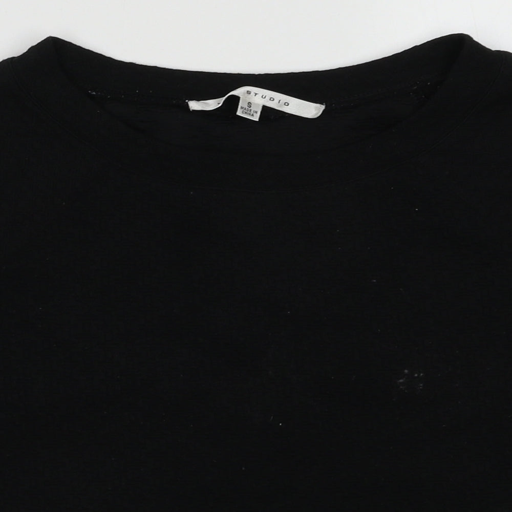 Close-up detail of Max Studio women’s black polyester pullover sweatshirt, size S, pullover