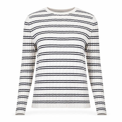 Front view of New Look women’s white striped viscose pullover sweatshirt, size UK 8, pullover