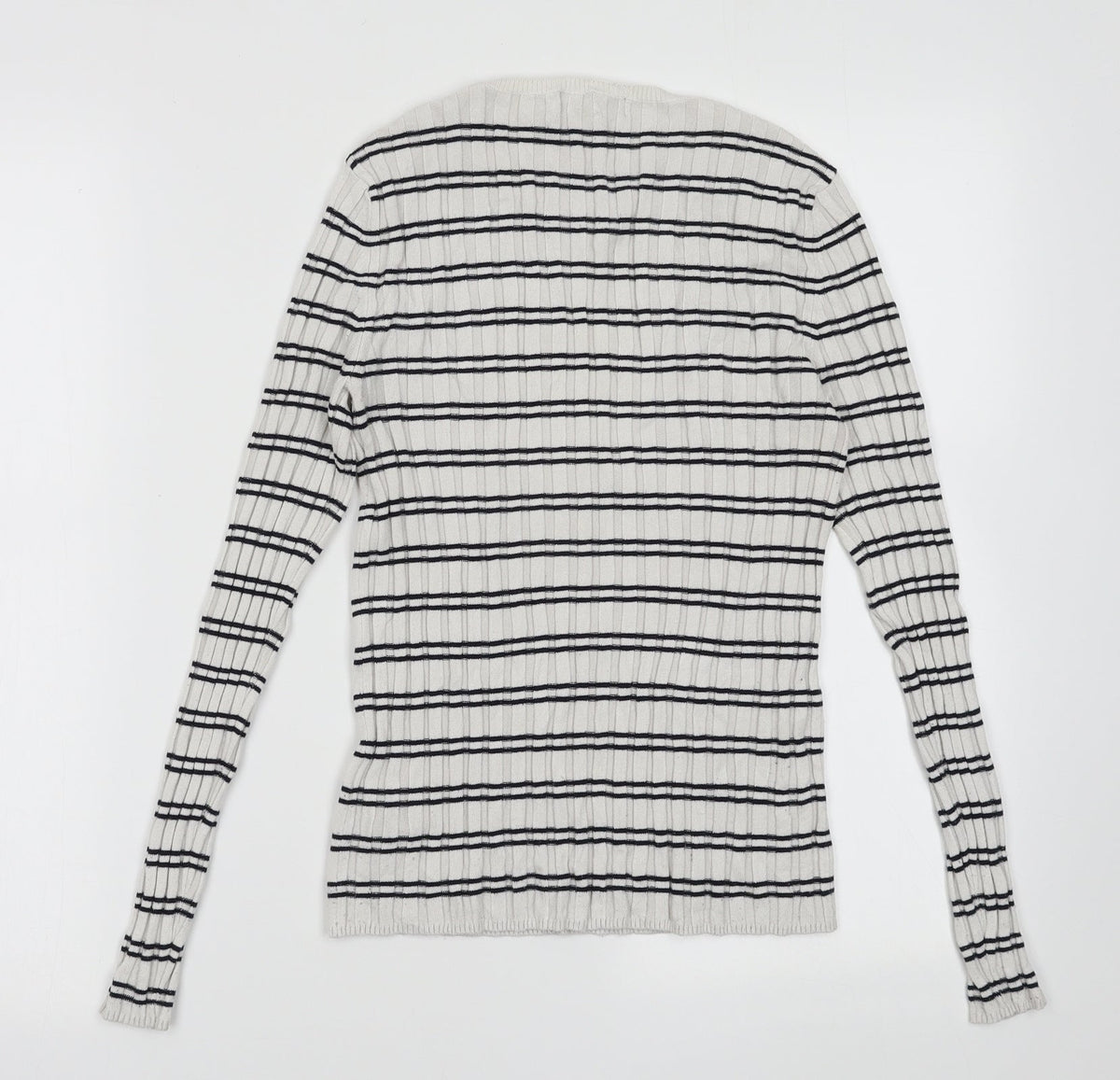 Back view of New Look women’s white striped viscose pullover sweatshirt, size UK 8, pullover