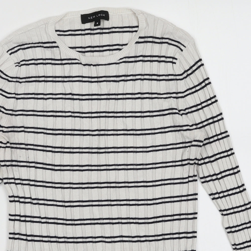 Close-up detail of New Look women’s white striped viscose pullover sweatshirt, size UK 8, pullover