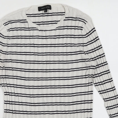 Close-up detail of New Look women’s white striped viscose pullover sweatshirt, size UK 8, pullover