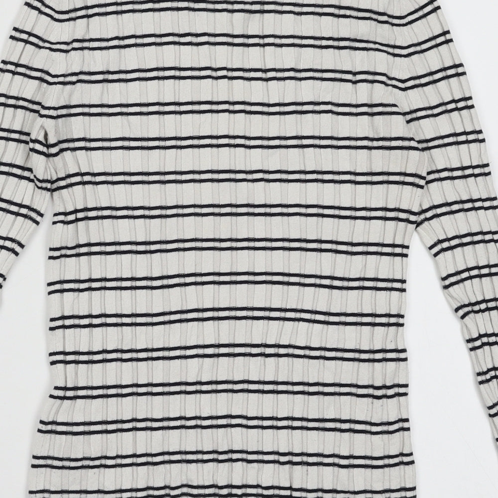 Brand and care label for New Look women’s white striped viscose pullover sweatshirt, size UK 8, pullover