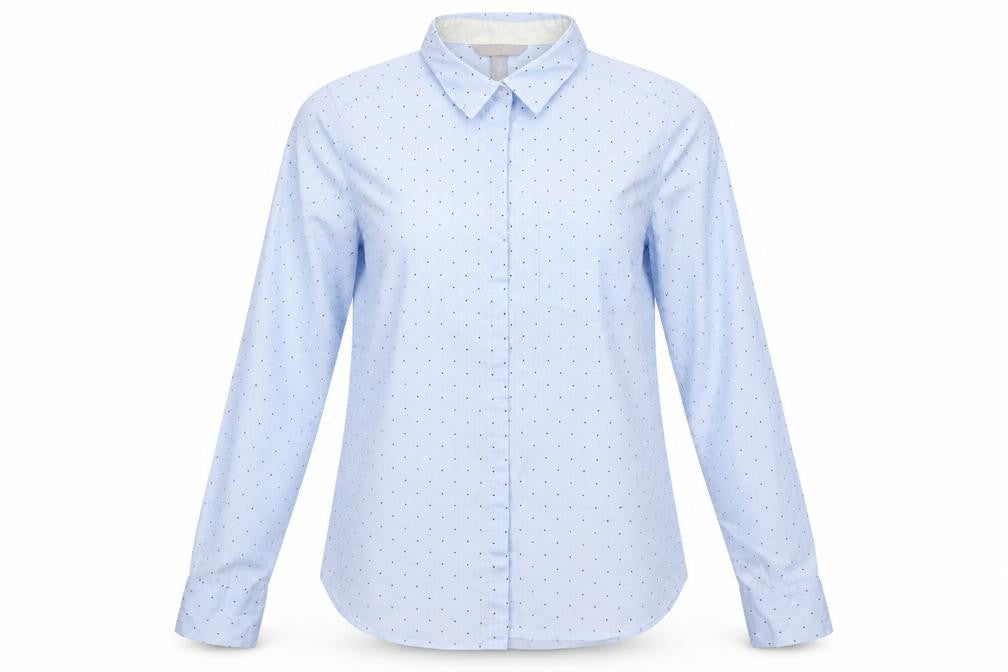 Front view of Blue women’s pink cotton button-up, size UK 8, collared