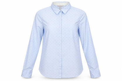 Front view of Blue women’s pink cotton button-up, size UK 8, collared
